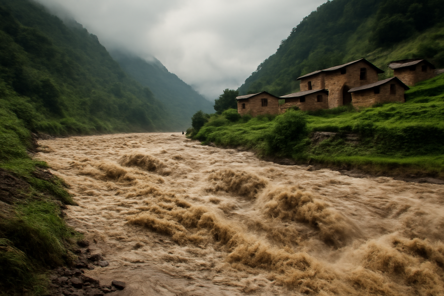 Muddy river water rising over a rocky Himalayan riverbank near evacuated homes