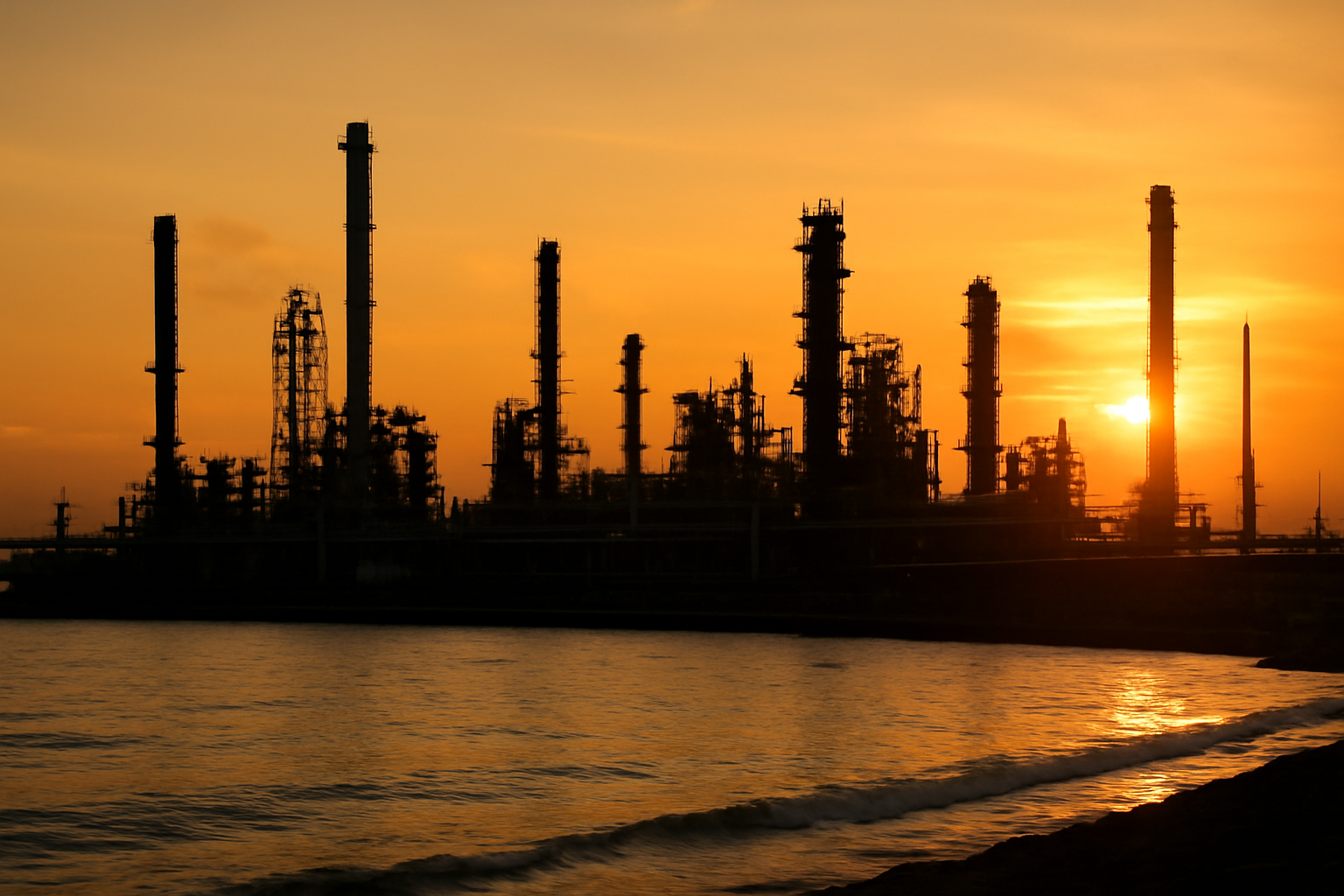 Oil refinery towers and pipelines silhouetted against a Gulf coastline at dusk