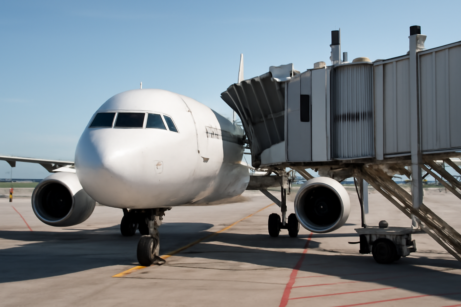Commercial airliner parked at an airport gate under daylight sky