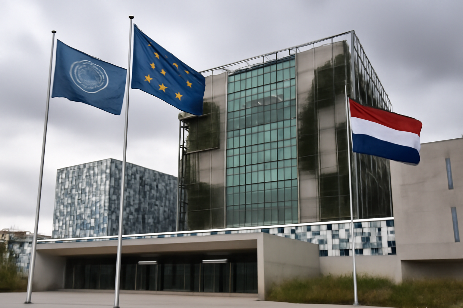 Exterior of the International Criminal Court building in The Hague with flags visible