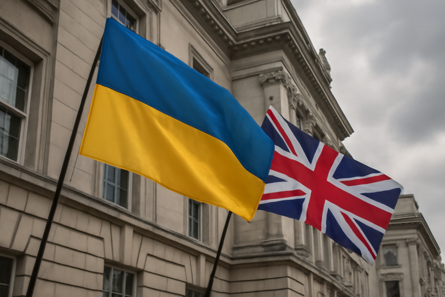 Ukrainian and British flags displayed side by side outside a government building in London