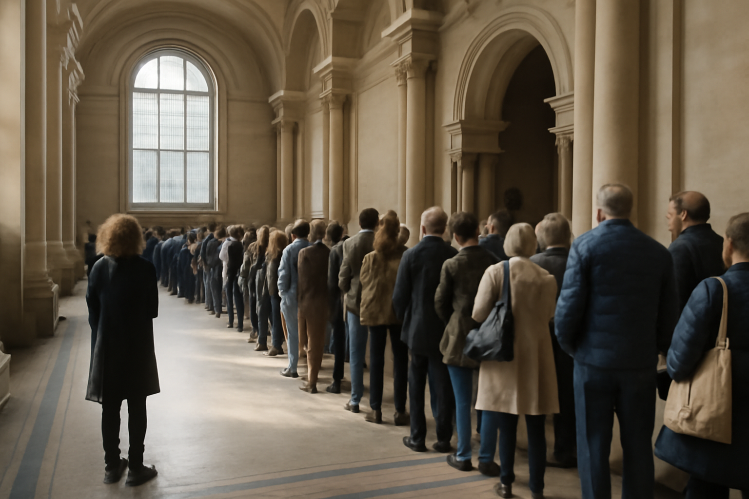 Visitors queue along a roped barrier outside a museum exhibition hall in London