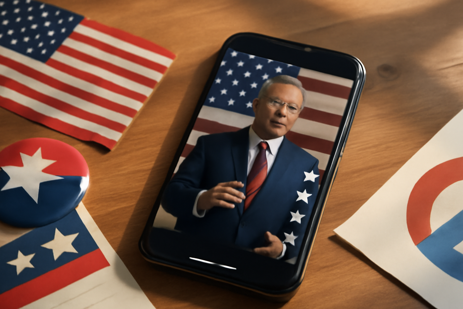 A smartphone screen showing a social media video next to a BOLD PAC campaign flyer on a table