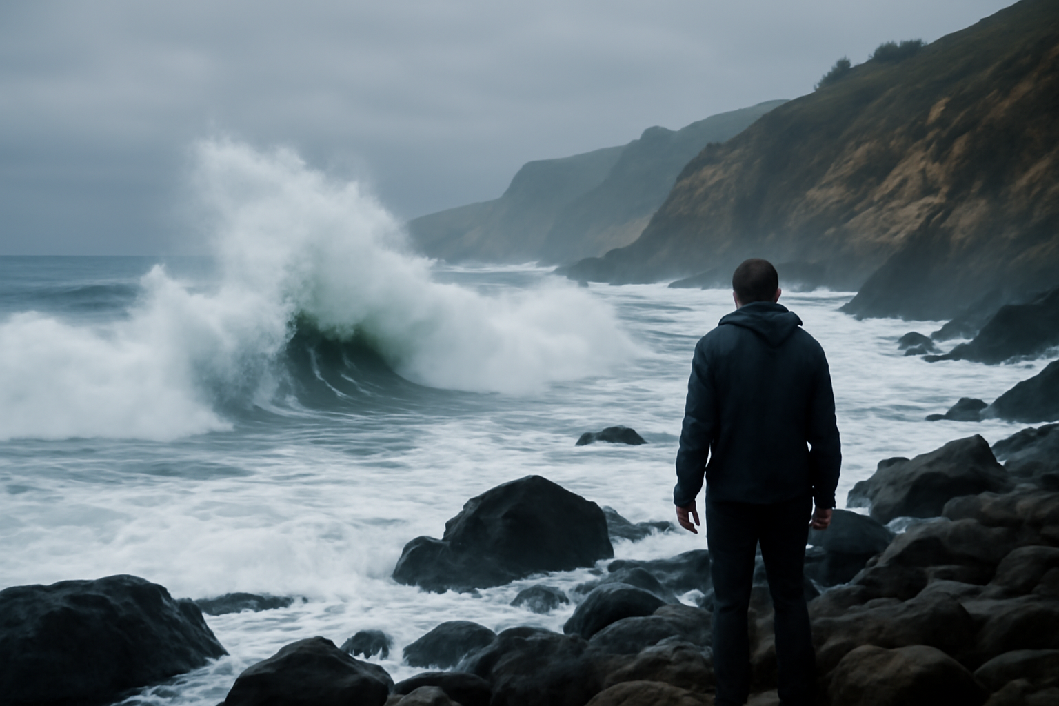 A woman in wet clothing stands on a rocky California beach near crashing waves