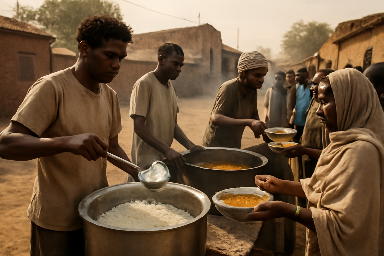Volunteers ladling donated food into bowls at a community kitchen in Khartoum