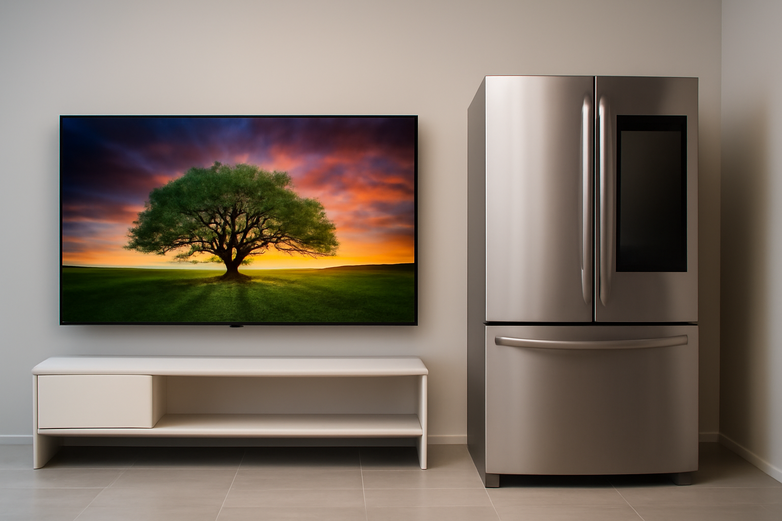 LG OLED television and smart refrigerator displayed side by side in a showroom setting