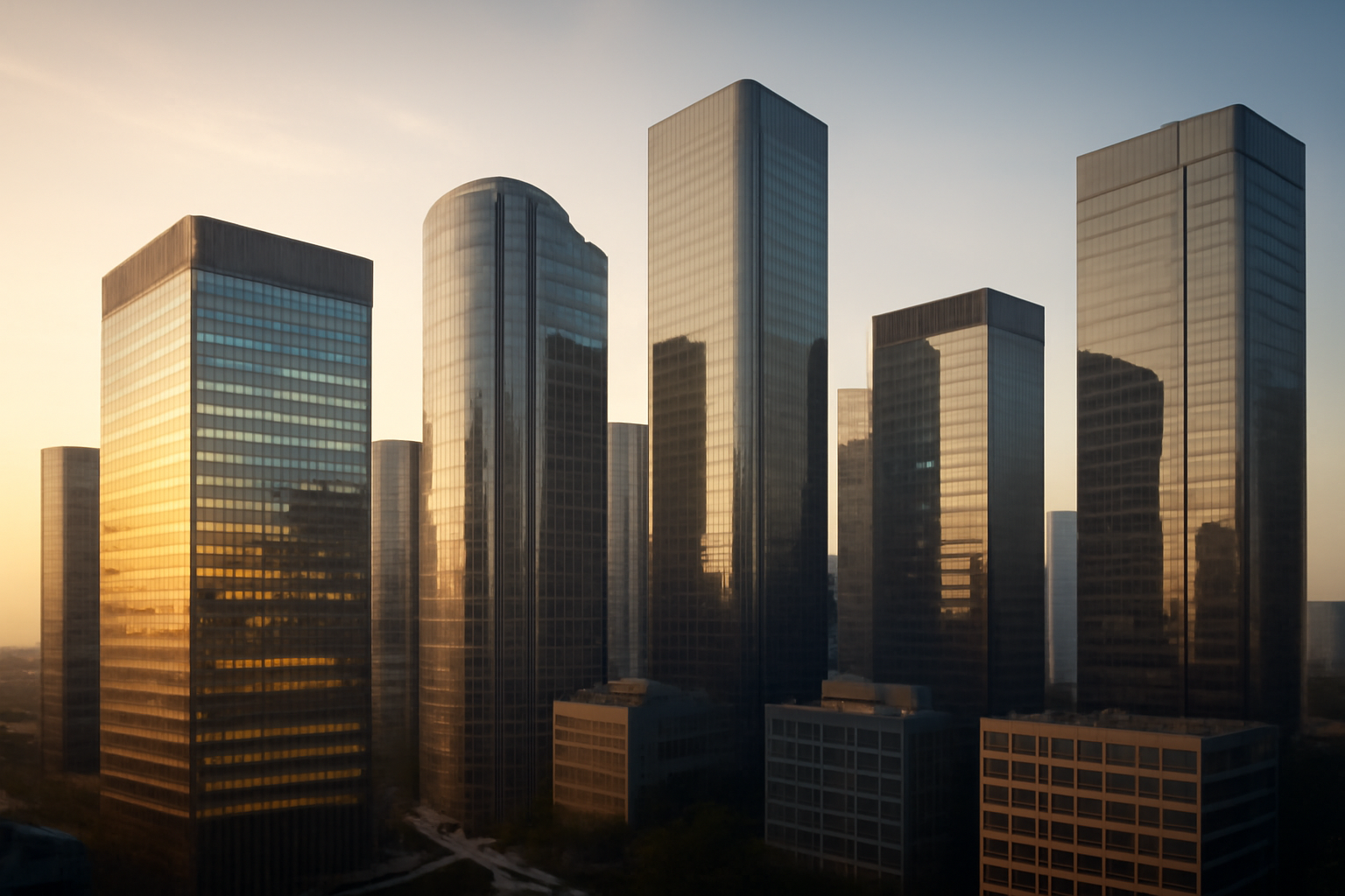 Financial district skyscrapers reflecting morning light with a media company logo visible on a building facade