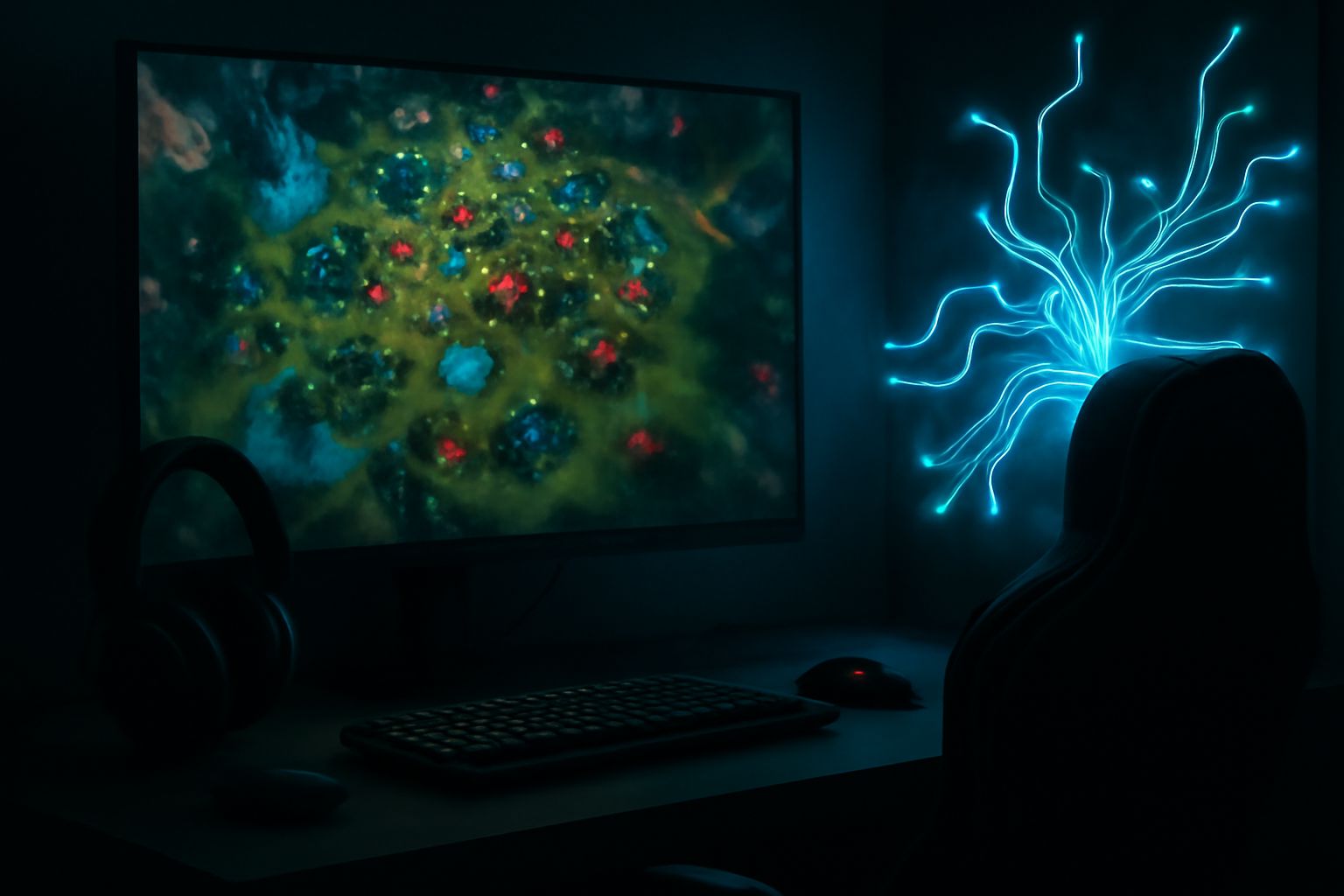Two robotic hands hover over a glowing StarCraft strategy map on a competition monitor