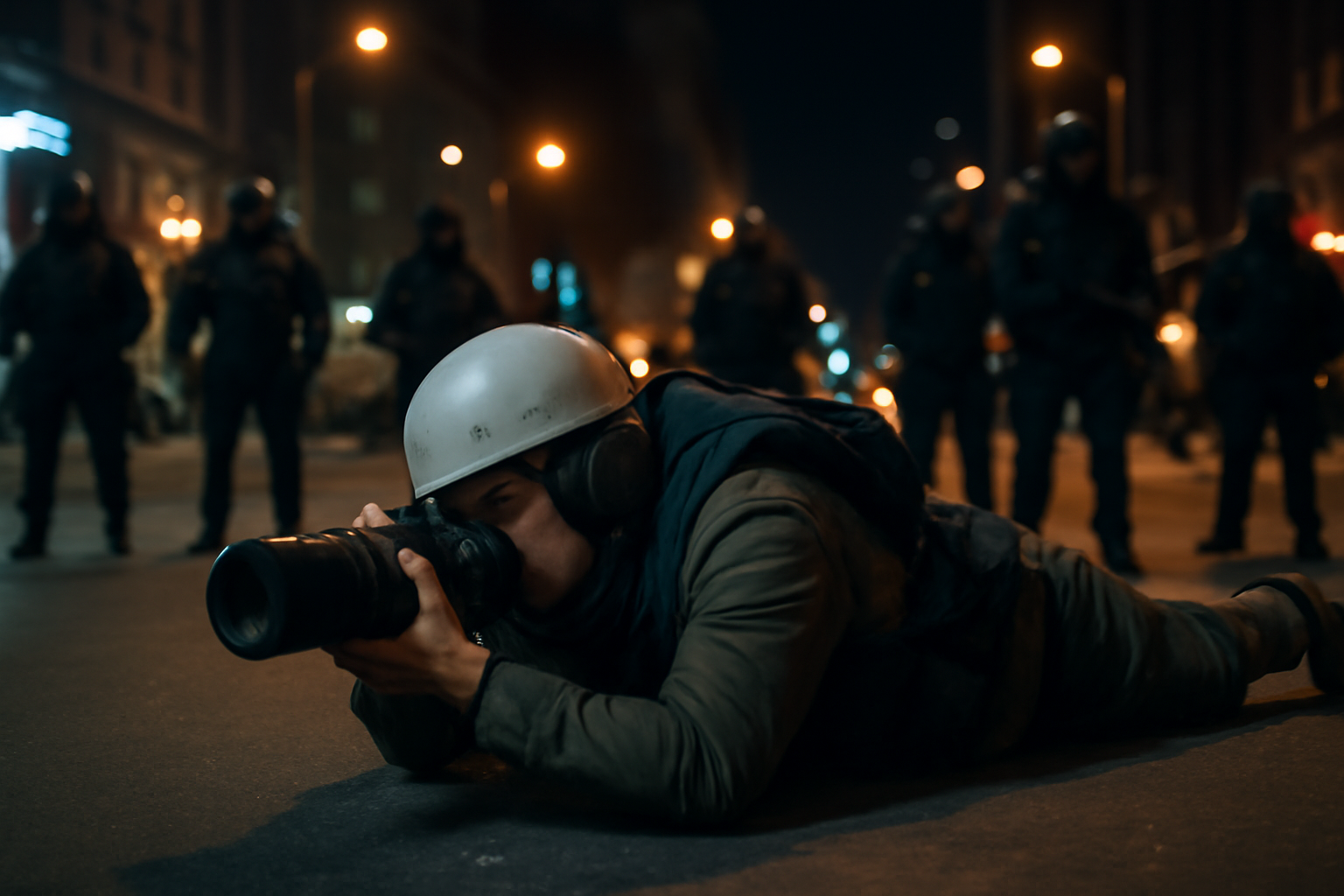 A press photographer on the ground during an ICE enforcement operation as agents stand nearby