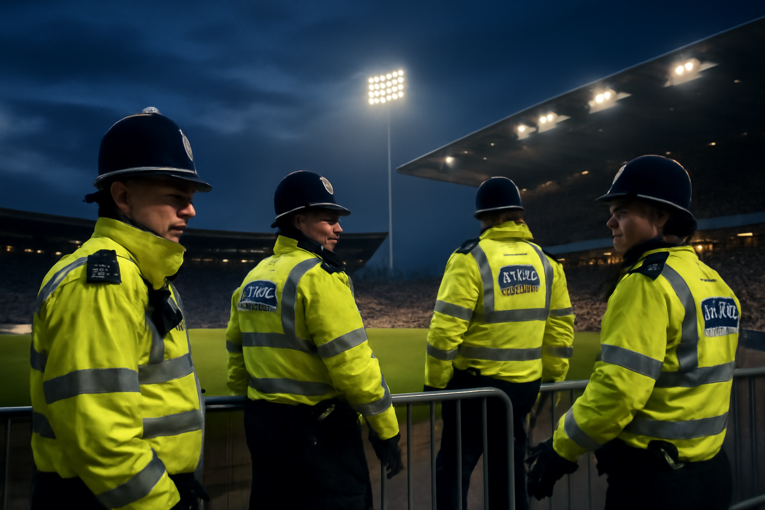 Police officers standing near a soccer stadium security barrier during a match