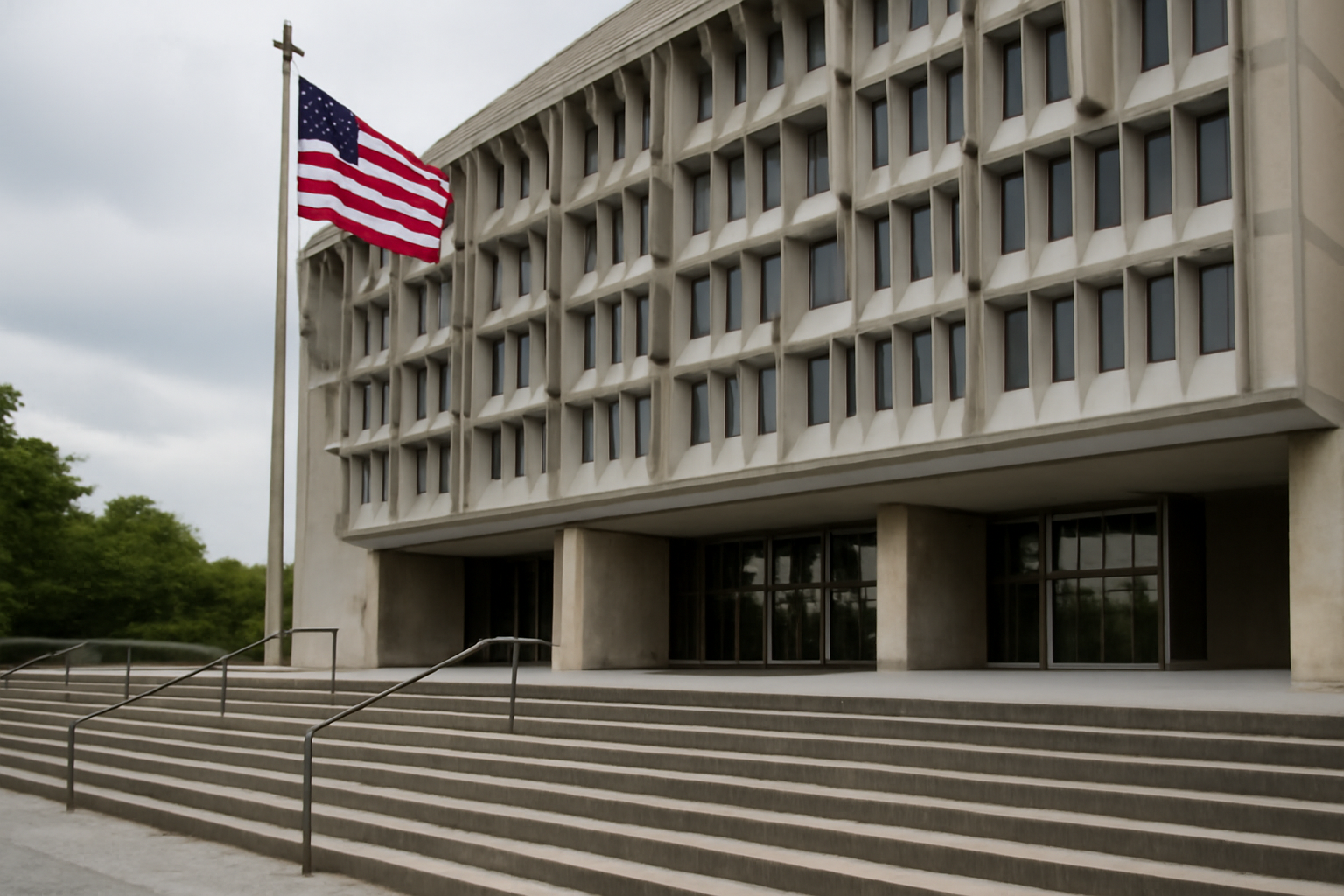Exterior of a U.S. government health services building with a Medicaid signage plaque near the entrance