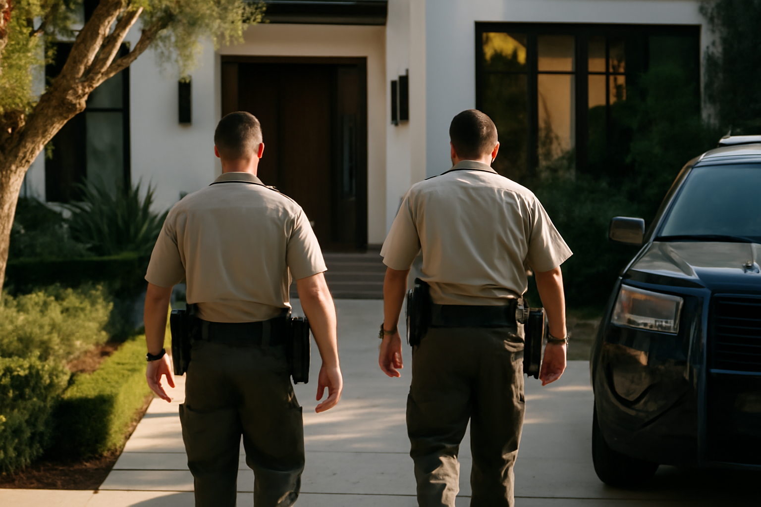 Sheriff's deputies walking away from a residential driveway in West Hollywood