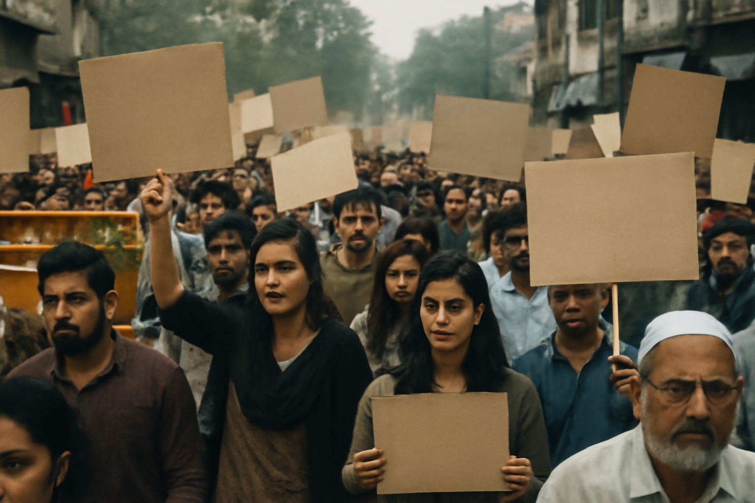 Protesters gathered on a city street in India holding signs during a demonstration