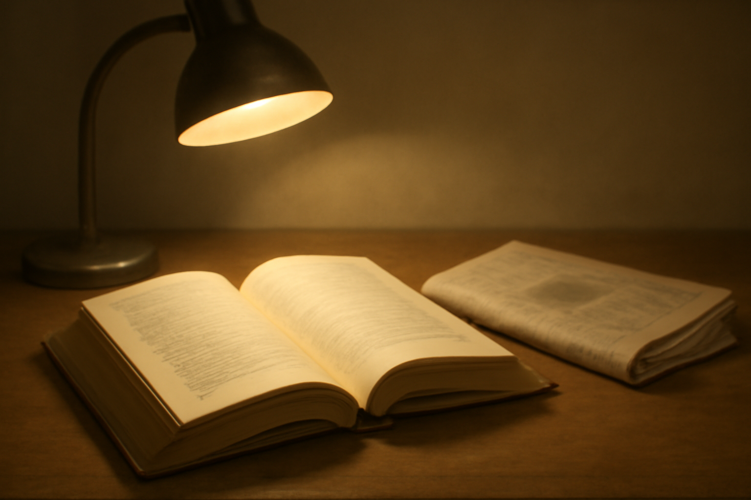 Open hardcover novel and a folded newspaper obituary page on a wooden desk under soft lamp light