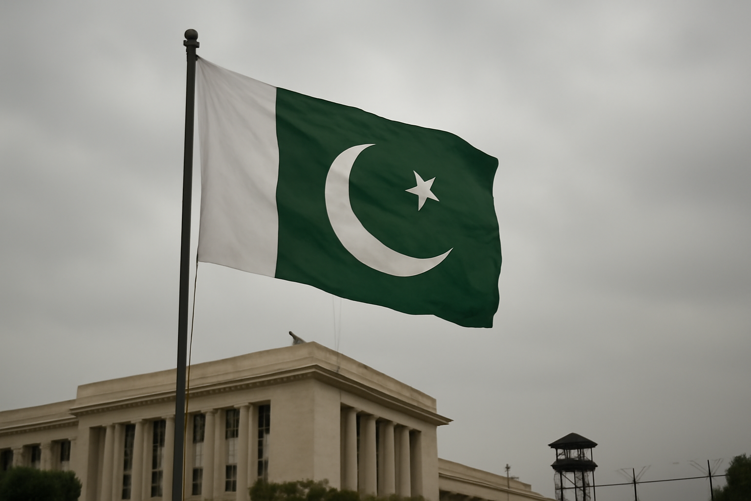 Pakistan's national flag flying over a government building under an overcast sky