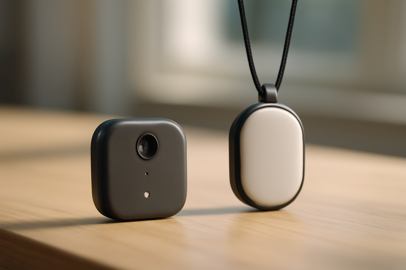 A discontinued AI wearable device sitting unused on a wooden desk beside a smartphone