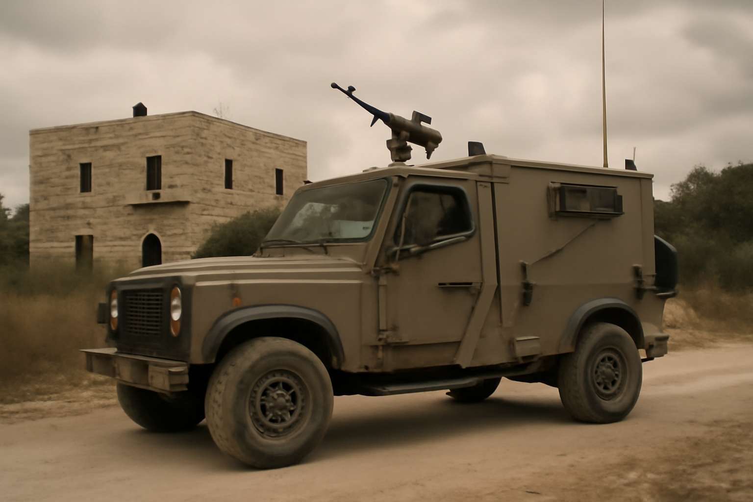 Israeli military vehicle blocked on a rural West Bank road near a Palestinian home