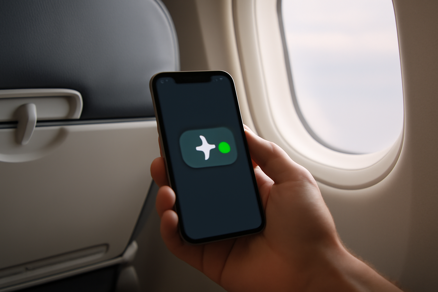 Passenger's hand switching a smartphone to airplane mode before a flight departs