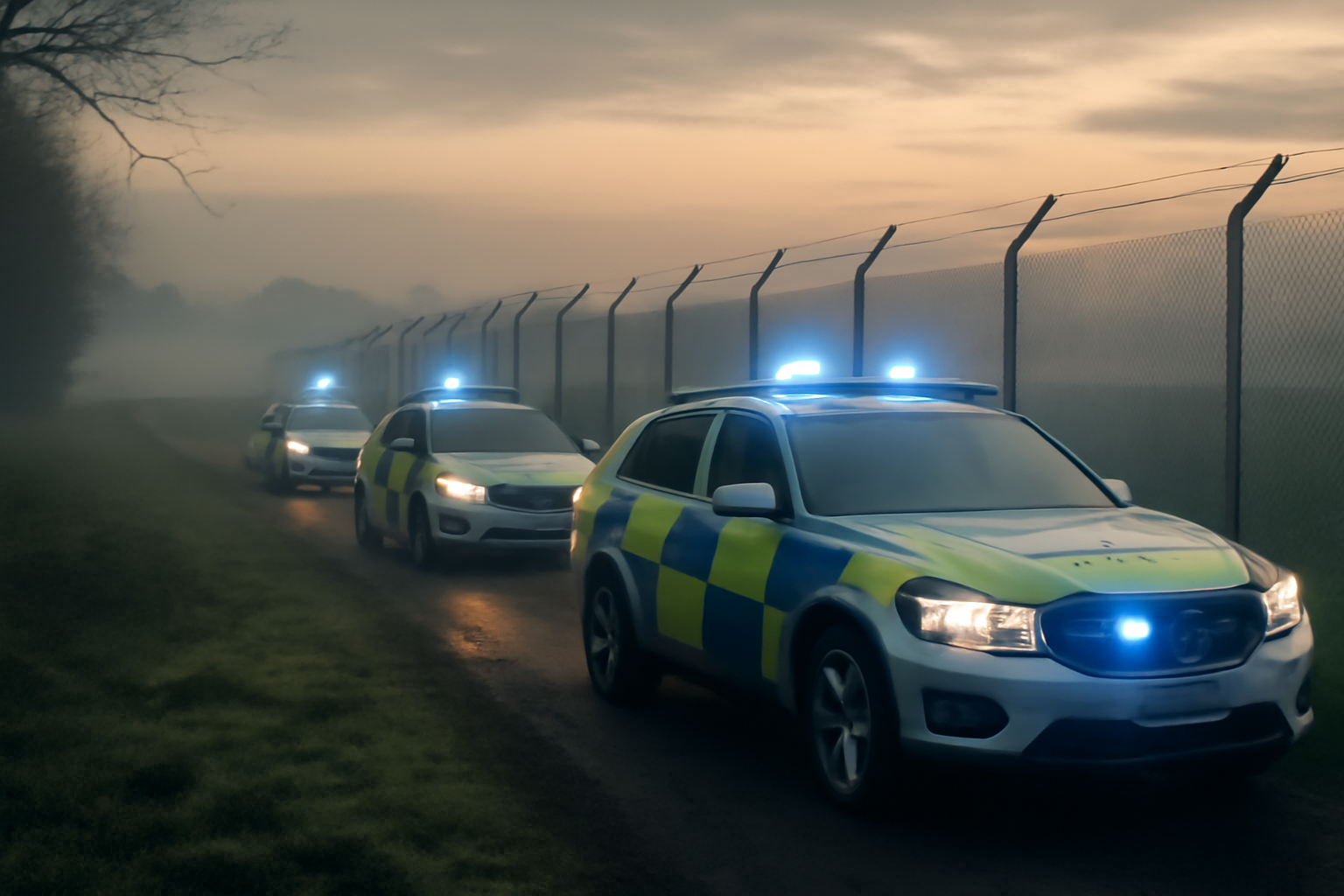 Police vehicles and security personnel near a perimeter fence at a rural UK airbase at dawn