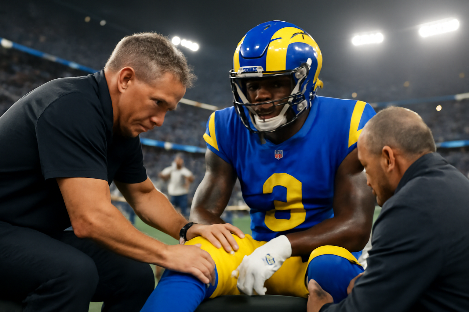 An NFL wide receiver in a Rams uniform being tended to by medical staff on the sideline