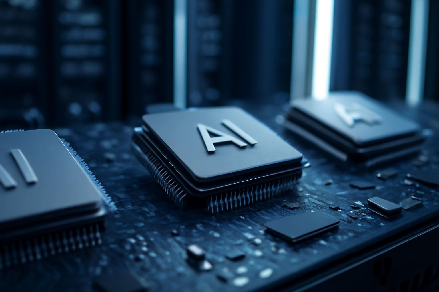 Broadcom semiconductor chips arranged near a data center server rack