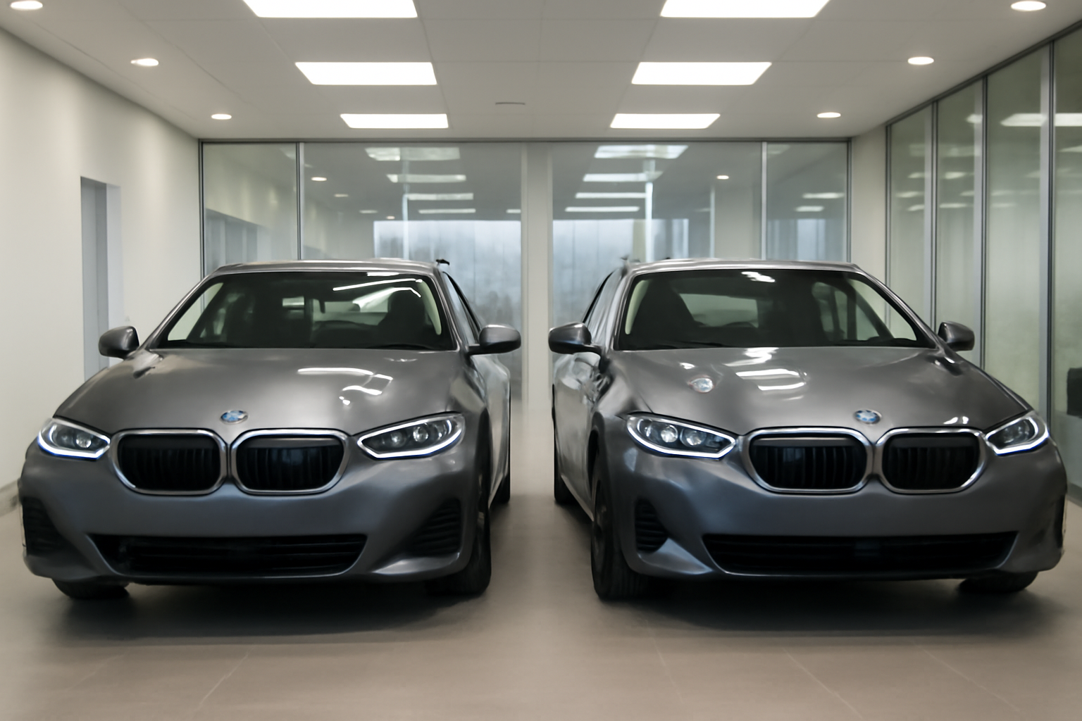 A silver BMW 3 Series sedan and its electric i3 counterpart parked side by side in a showroom