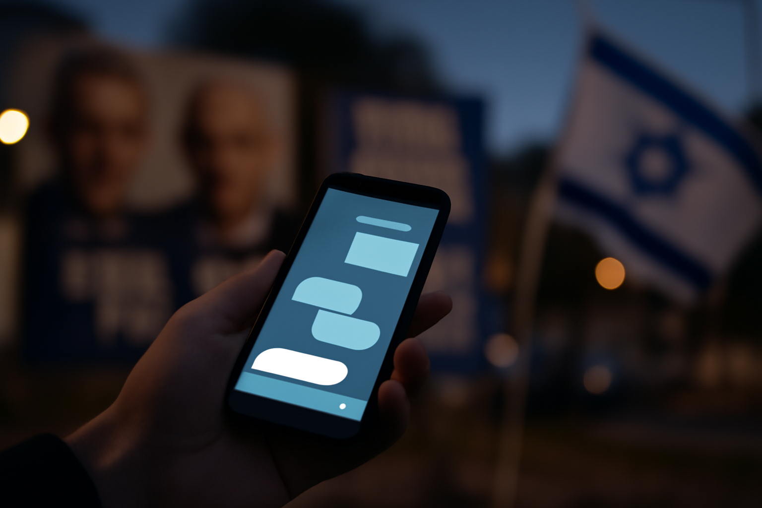 A smartphone displaying a political message overlaid on a blurred Israeli flag and campaign poster