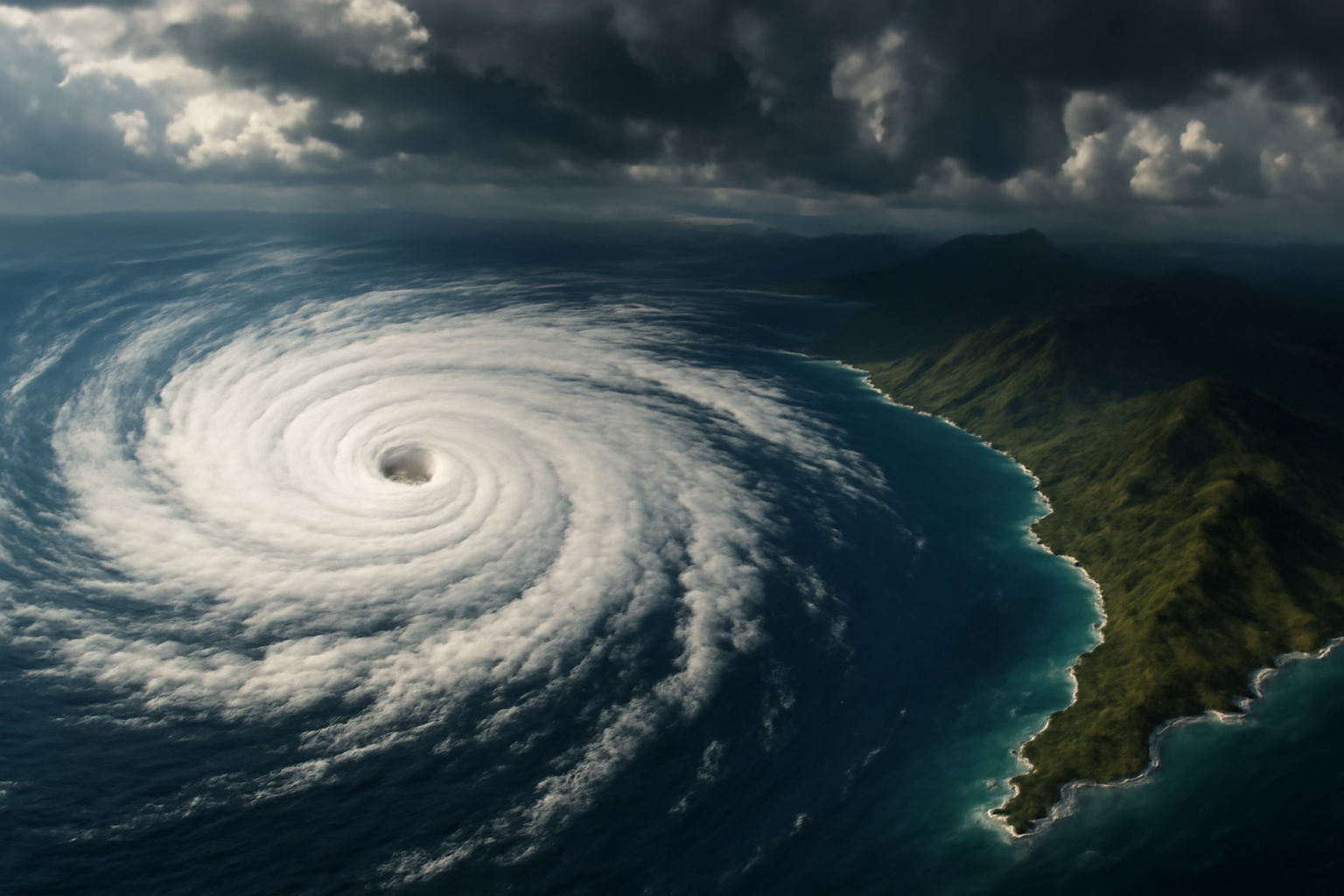 Satellite view of a spiral hurricane system approaching the Hawaiian island chain over open Pacific water