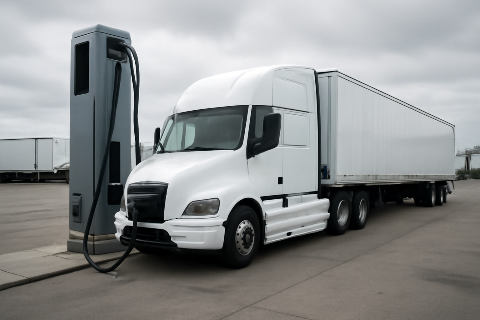 Tesla Semi electric truck parked beside a megawatt charging station at a trucking depot