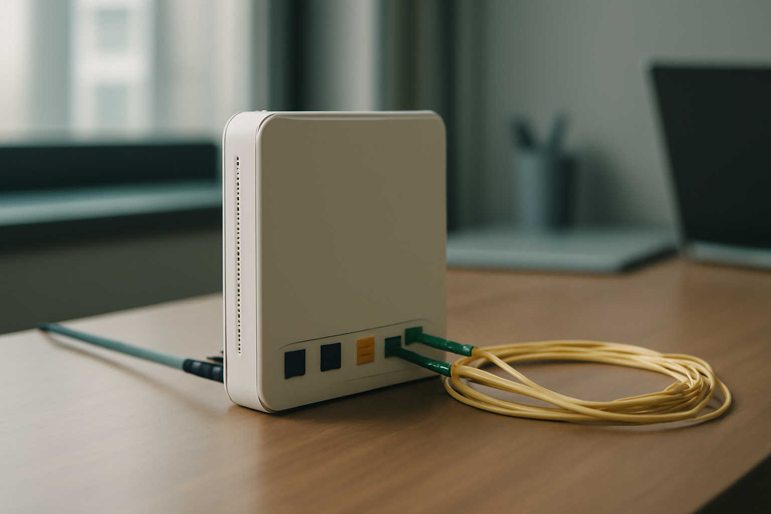 Broadband router and fiber cables on a desk beside BT and TalkTalk branded paperwork