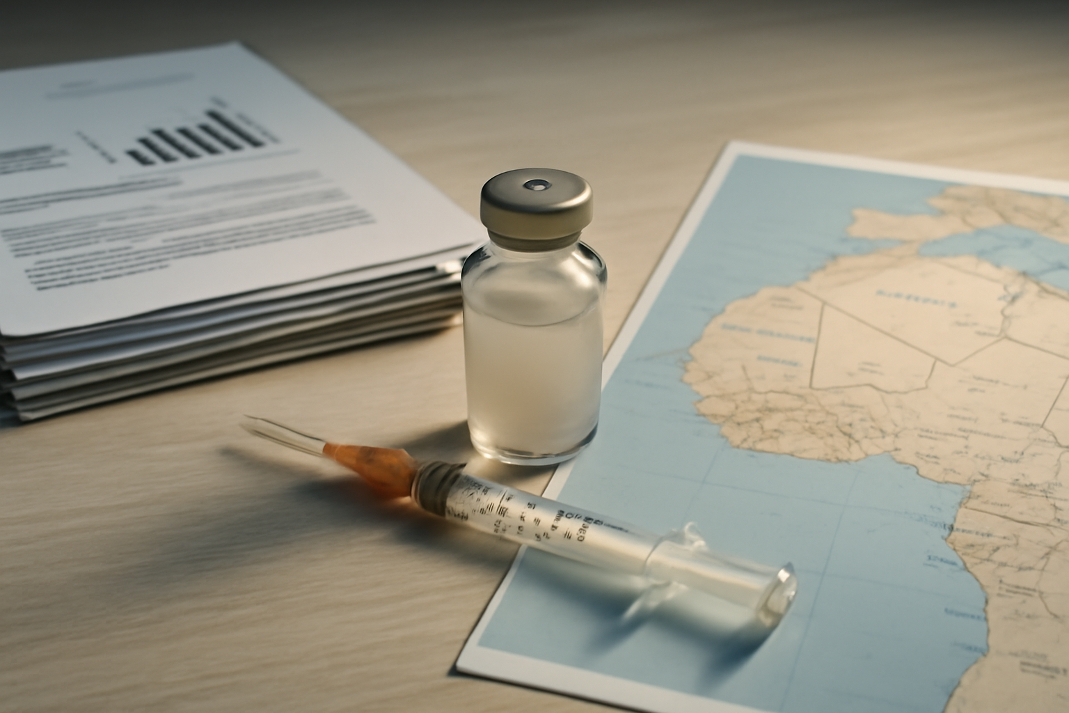 A gloved hand holding a vaccine vial and syringe beside a stack of budget documents on a desk