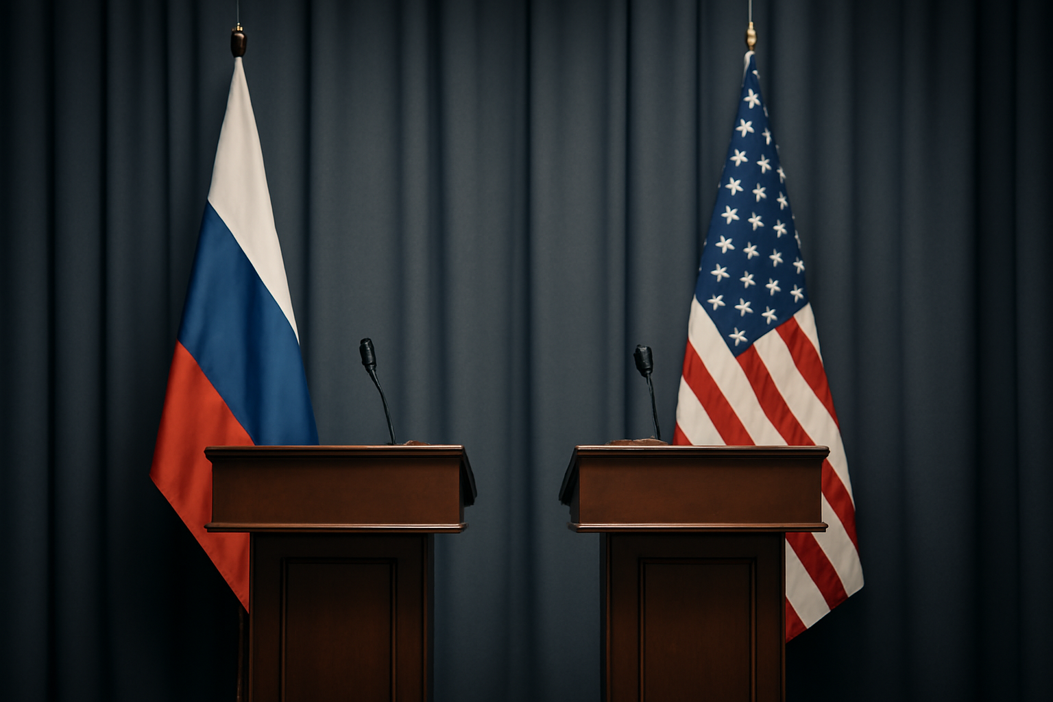 Empty podiums with Russian and American flags in a diplomatic briefing room