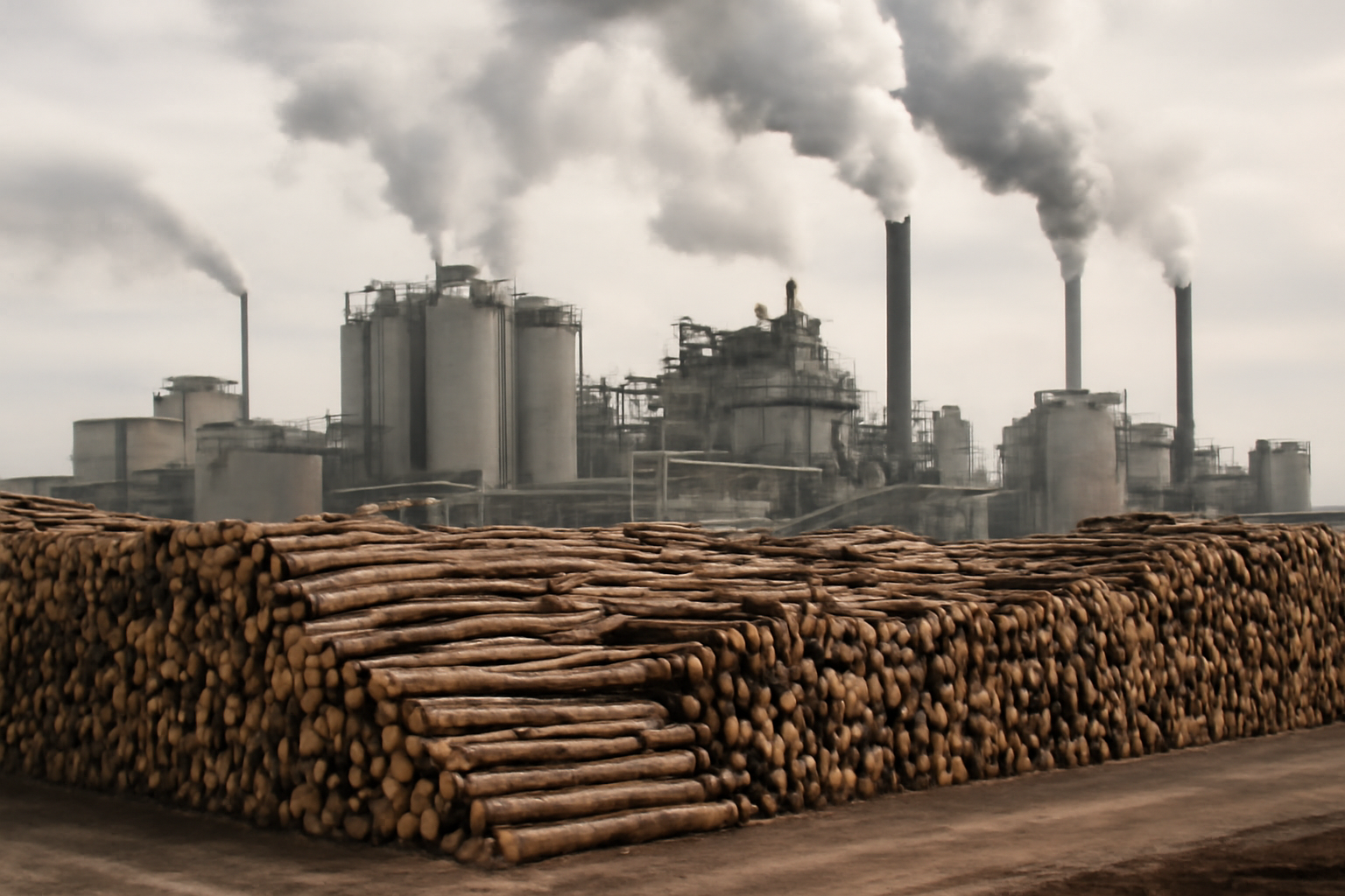 Pulp mill and timber stacks at a forestry industrial site in Brazil