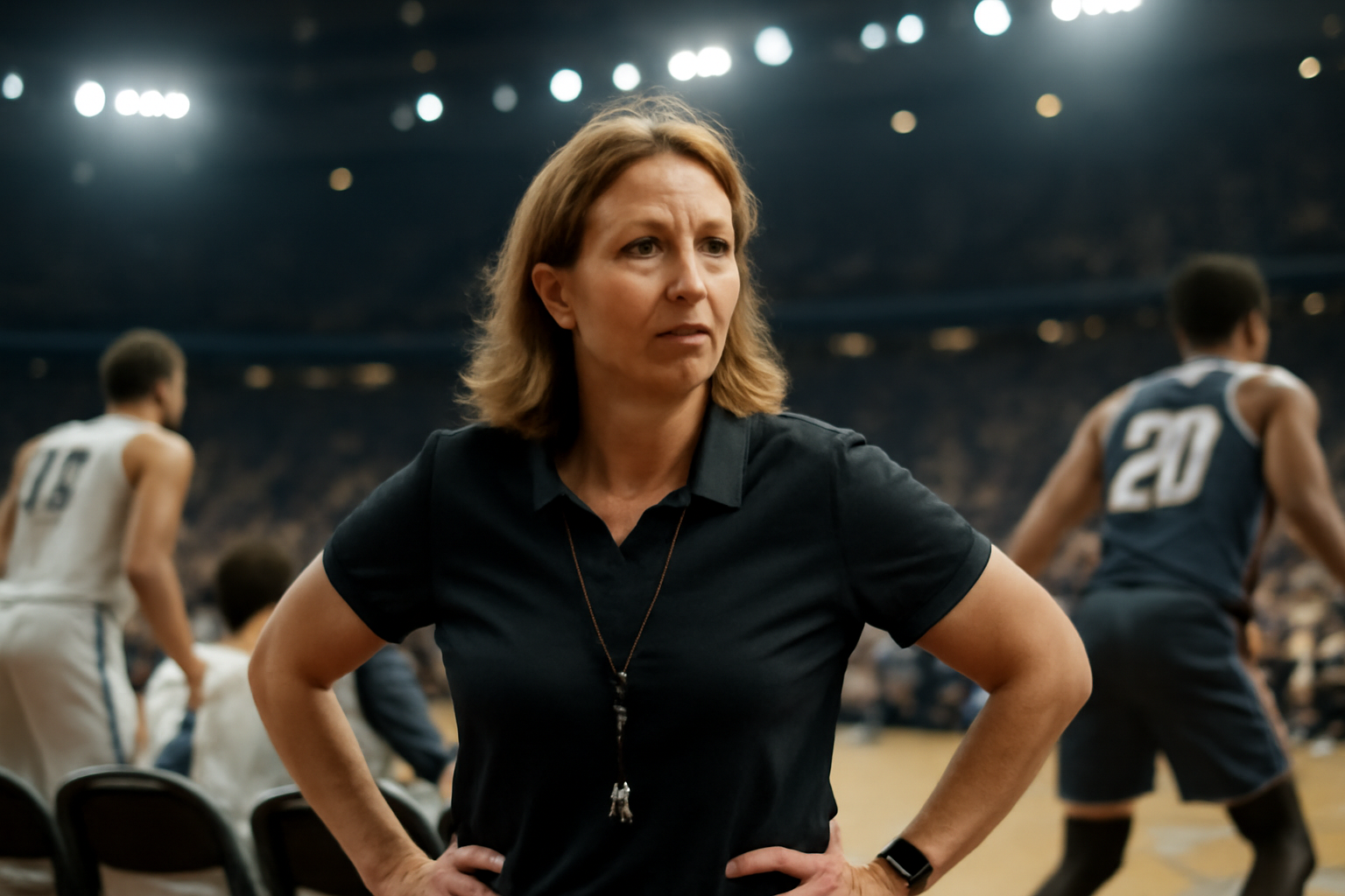 A WNBA head coach in a team polo stands on the sideline near the bench during a playoff game