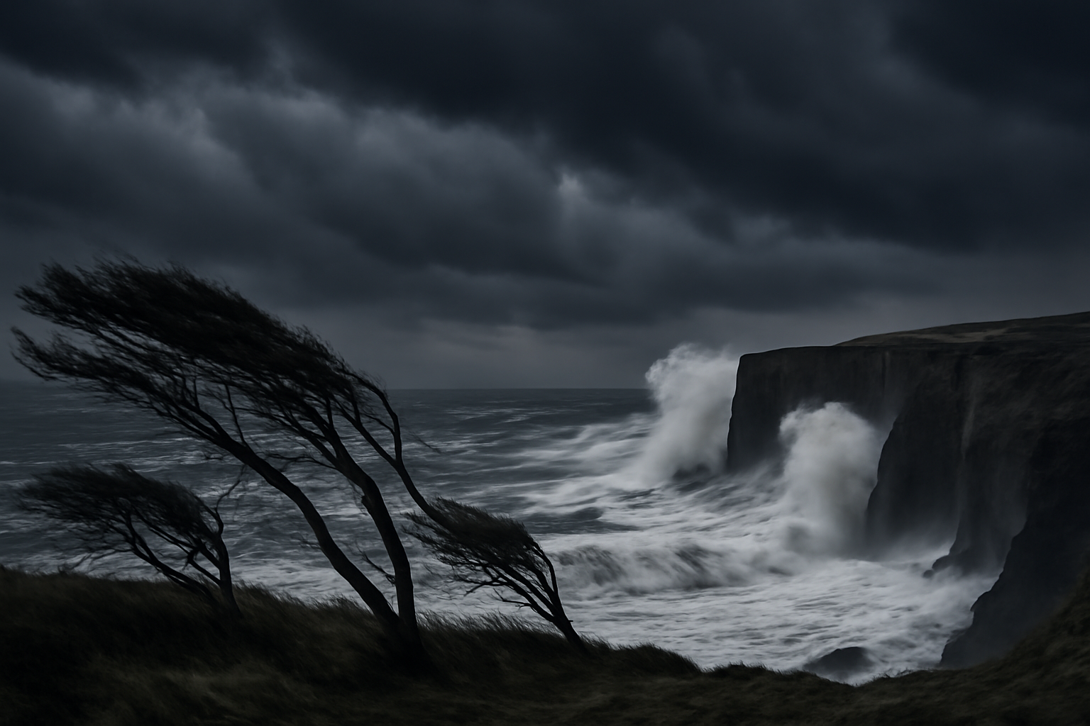 Storm clouds and high waves battering a rocky UK coastline under warning-colored skies