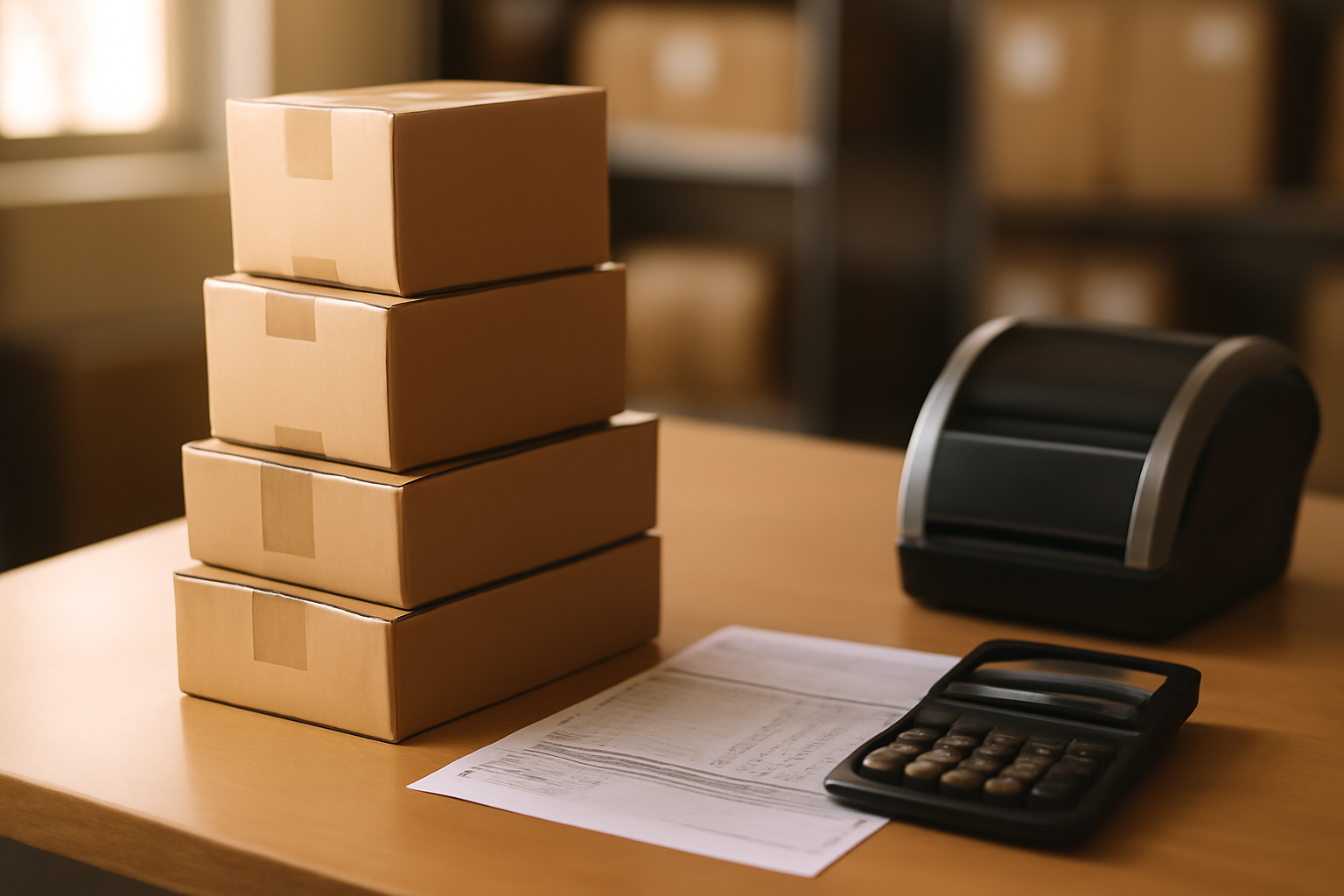 Small cardboard shipping parcels stacked beside a customs declaration form and calculator
