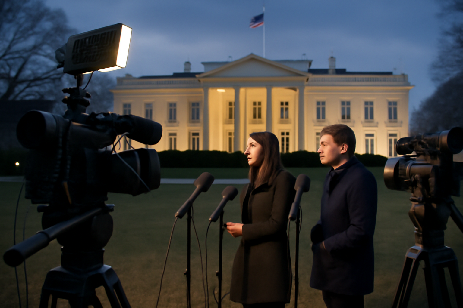 Reporters and camera equipment set up near the White House North Lawn press area