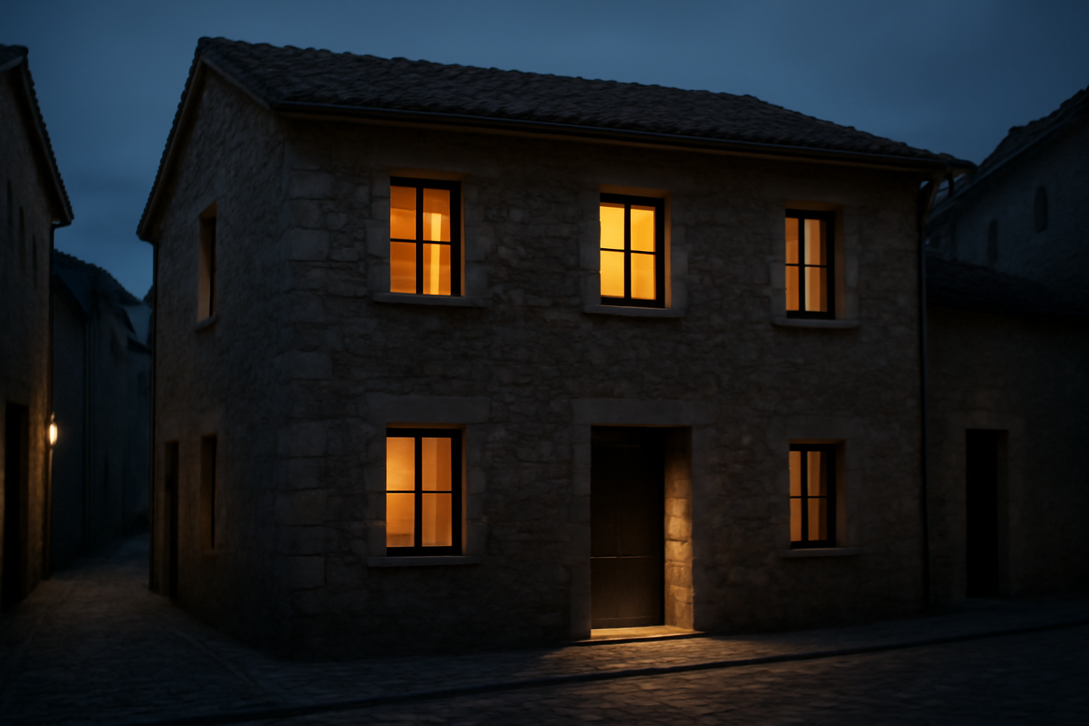 A small stone building with only a few lit windows at dusk, styled as an intimate boutique hotel entrance