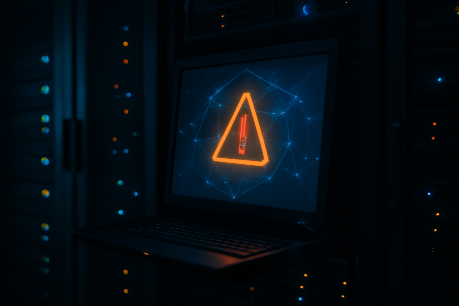 Server room with network cables and a glowing warning indicator on a monitor