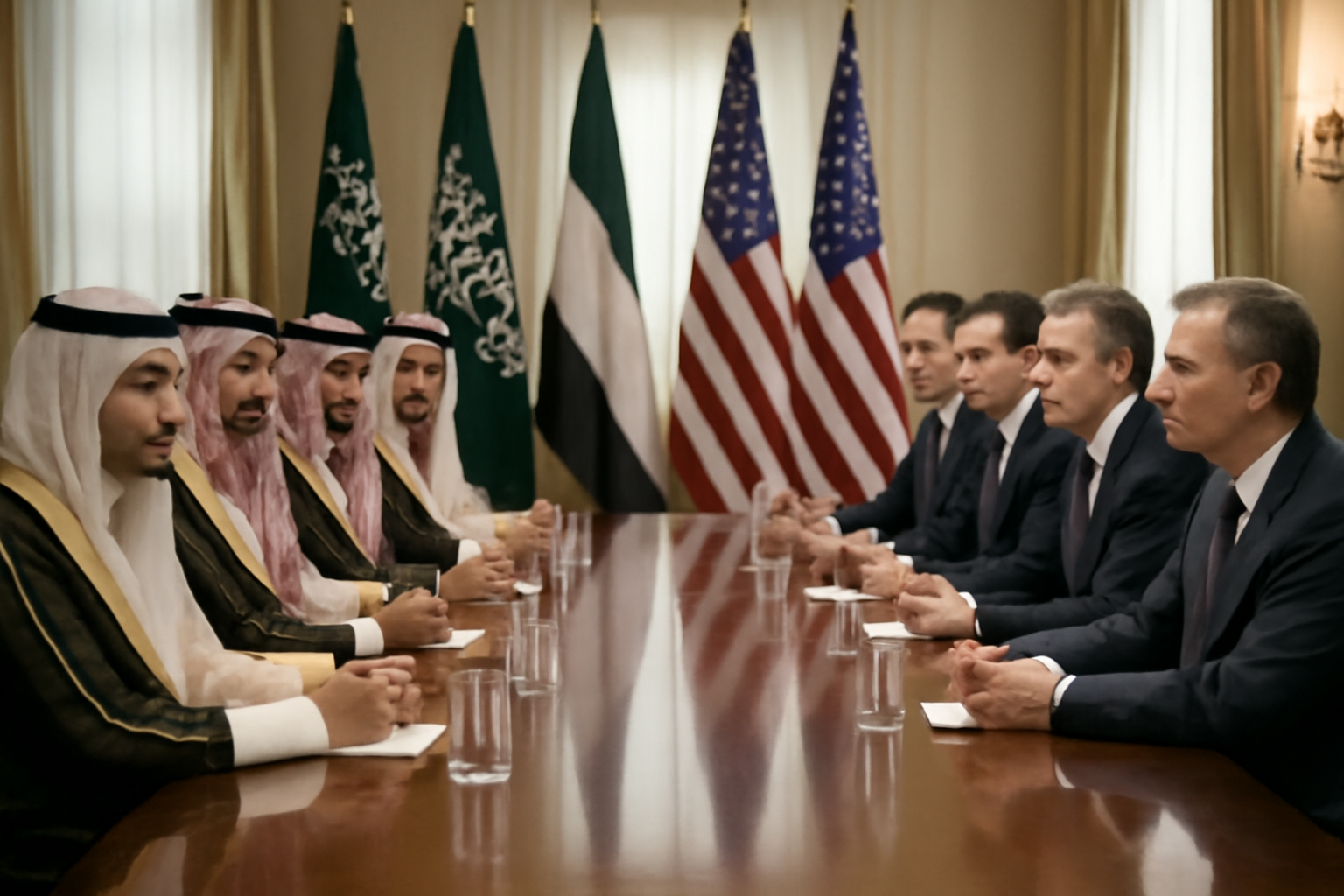 Gulf Arab officials and a U.S. delegation seated at a long conference table with national flags in the background