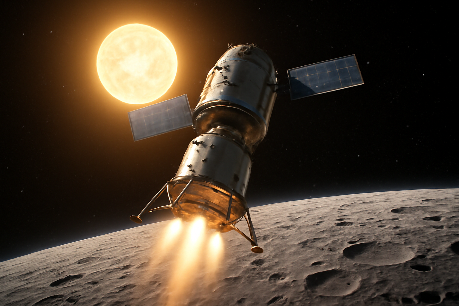 Illustration of a spacecraft descending toward the cratered, sun-scorched surface of Mercury