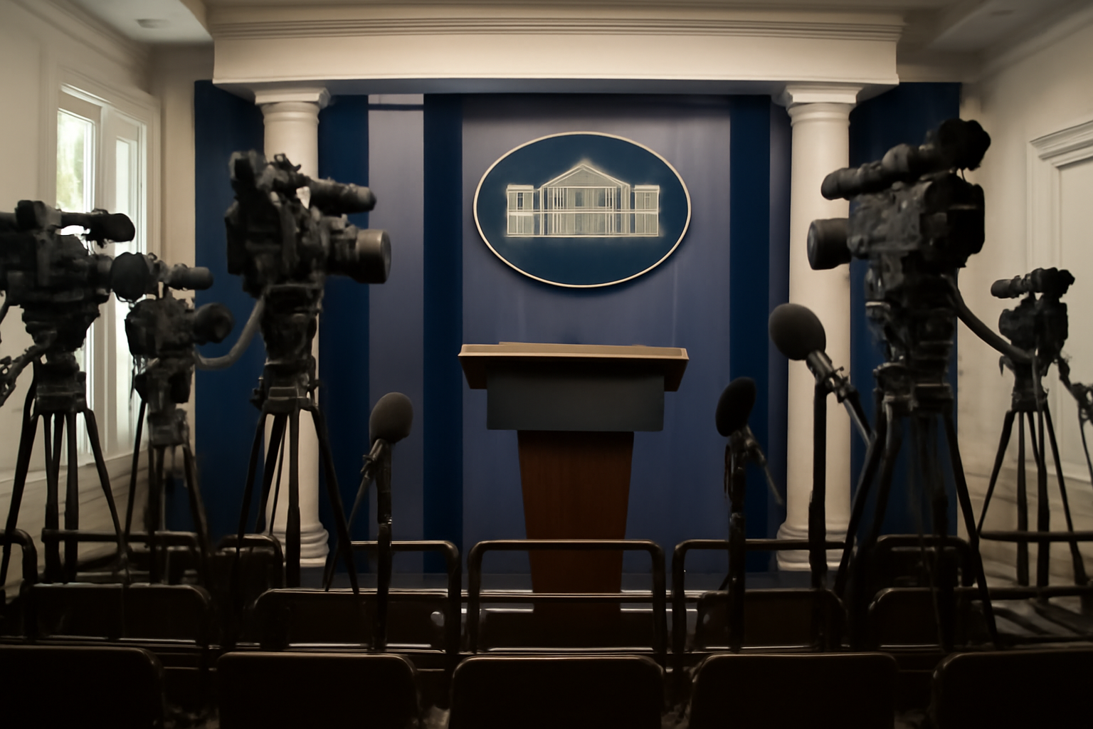 White House press briefing room with television cameras and empty network pool desks