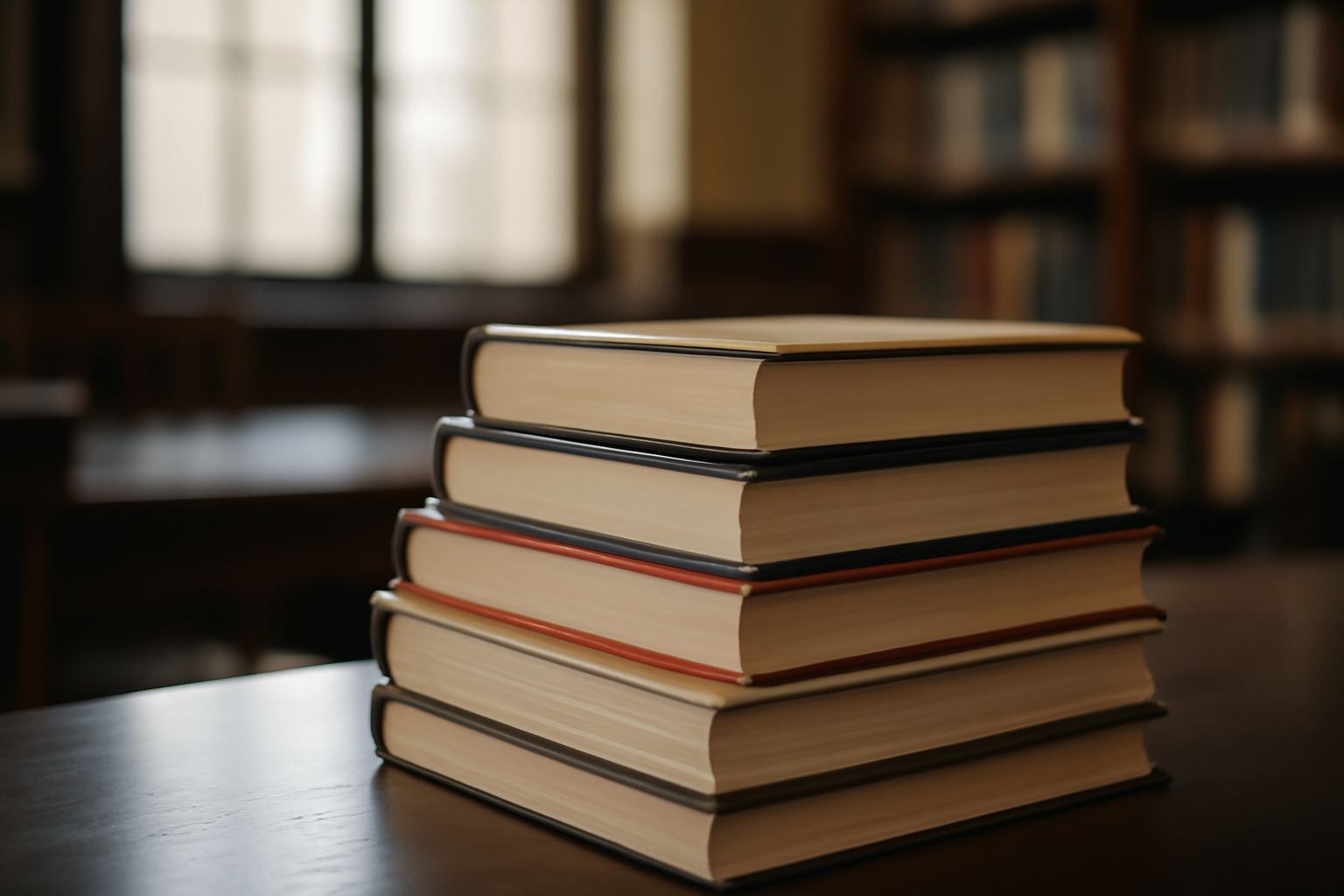 Stack of hardcover novels and nonfiction books on a wooden table under soft library lighting