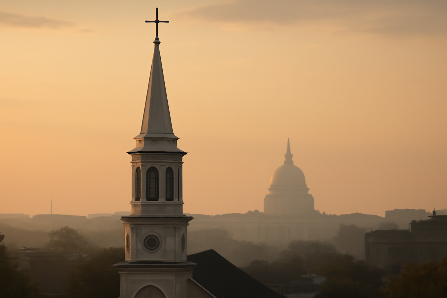 A church steeple silhouetted against a Washington, D.C. skyline at dusk with a faint American flag visible