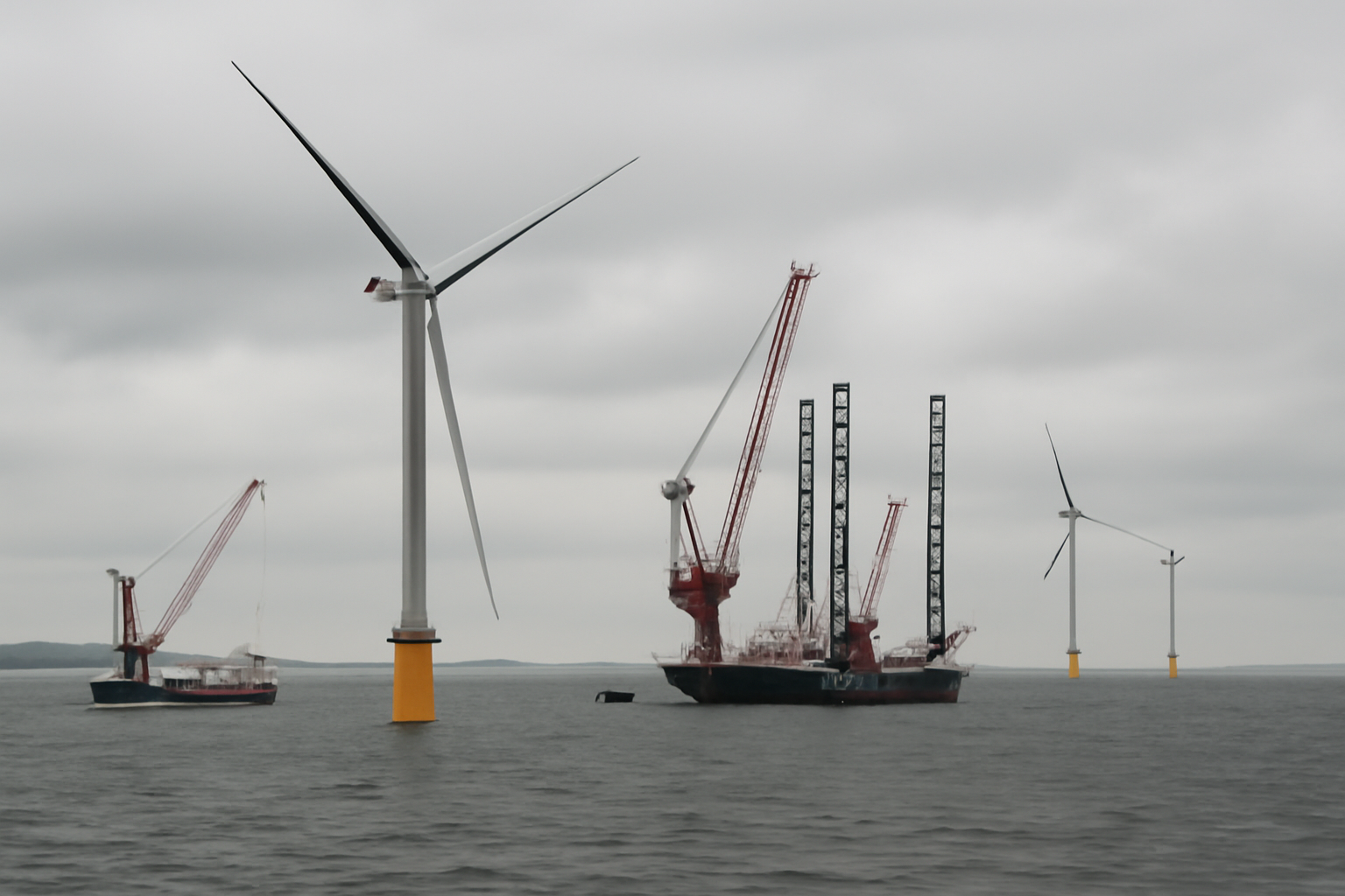 Offshore wind turbines under construction with cranes against a cloudy coastal sky