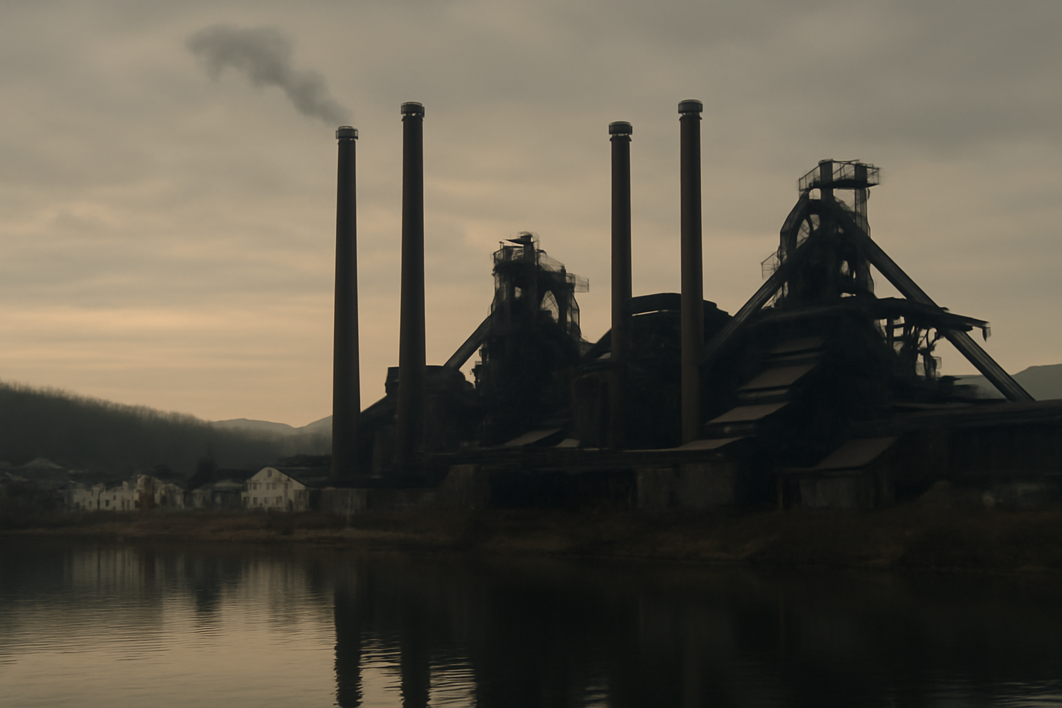 Steelworks smokestacks along the Monongahela River in Braddock, Pennsylvania at dusk