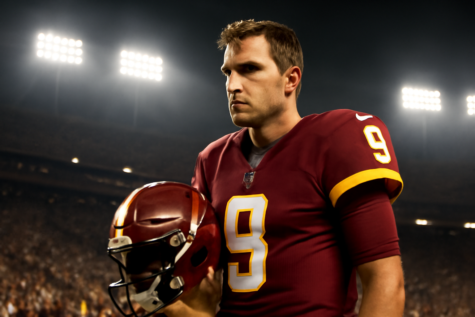An NFL quarterback in burgundy and gold stands on the sideline during an overtime period under stadium lights