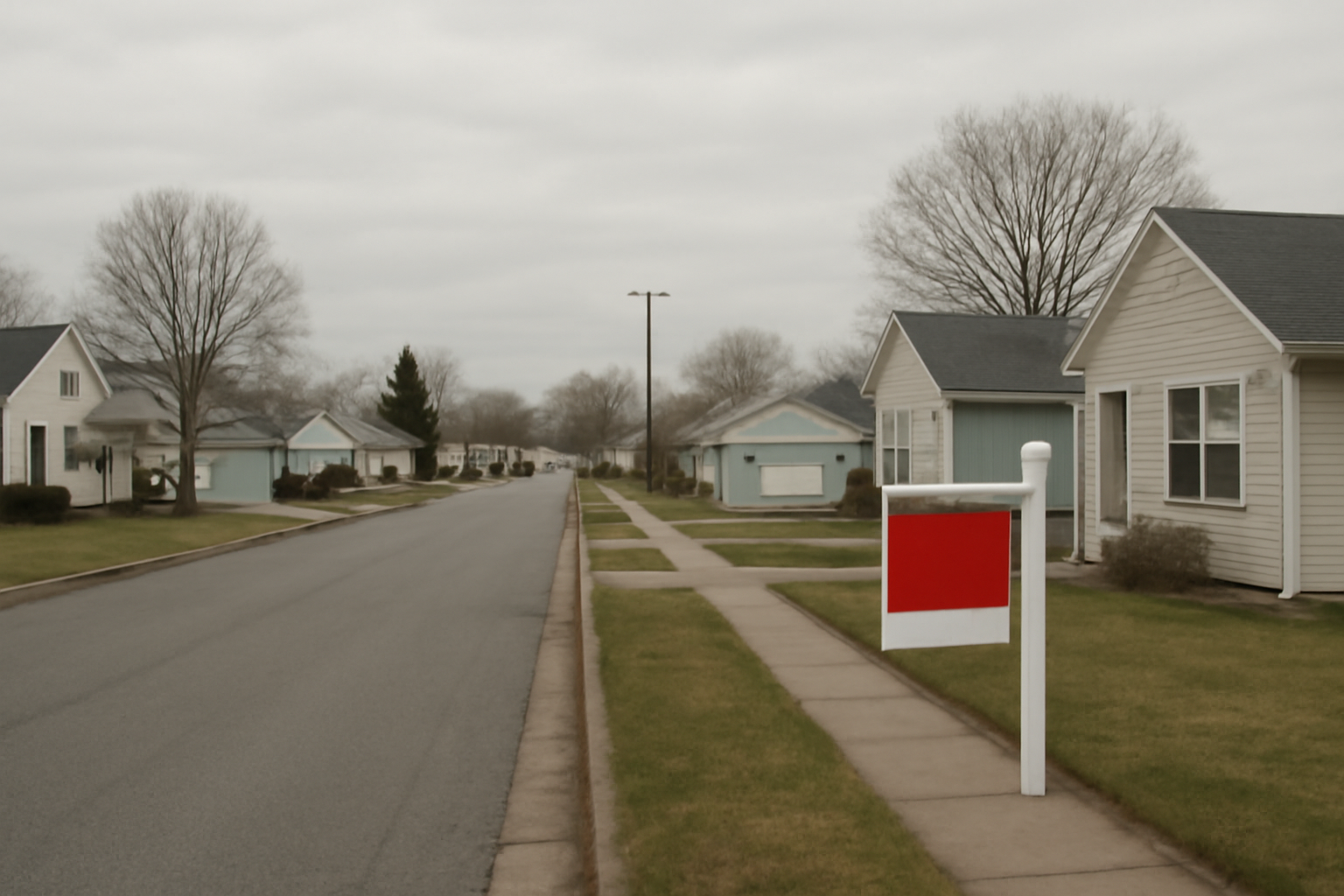 A row of suburban houses with a single for-sale sign standing out on an otherwise quiet residential street