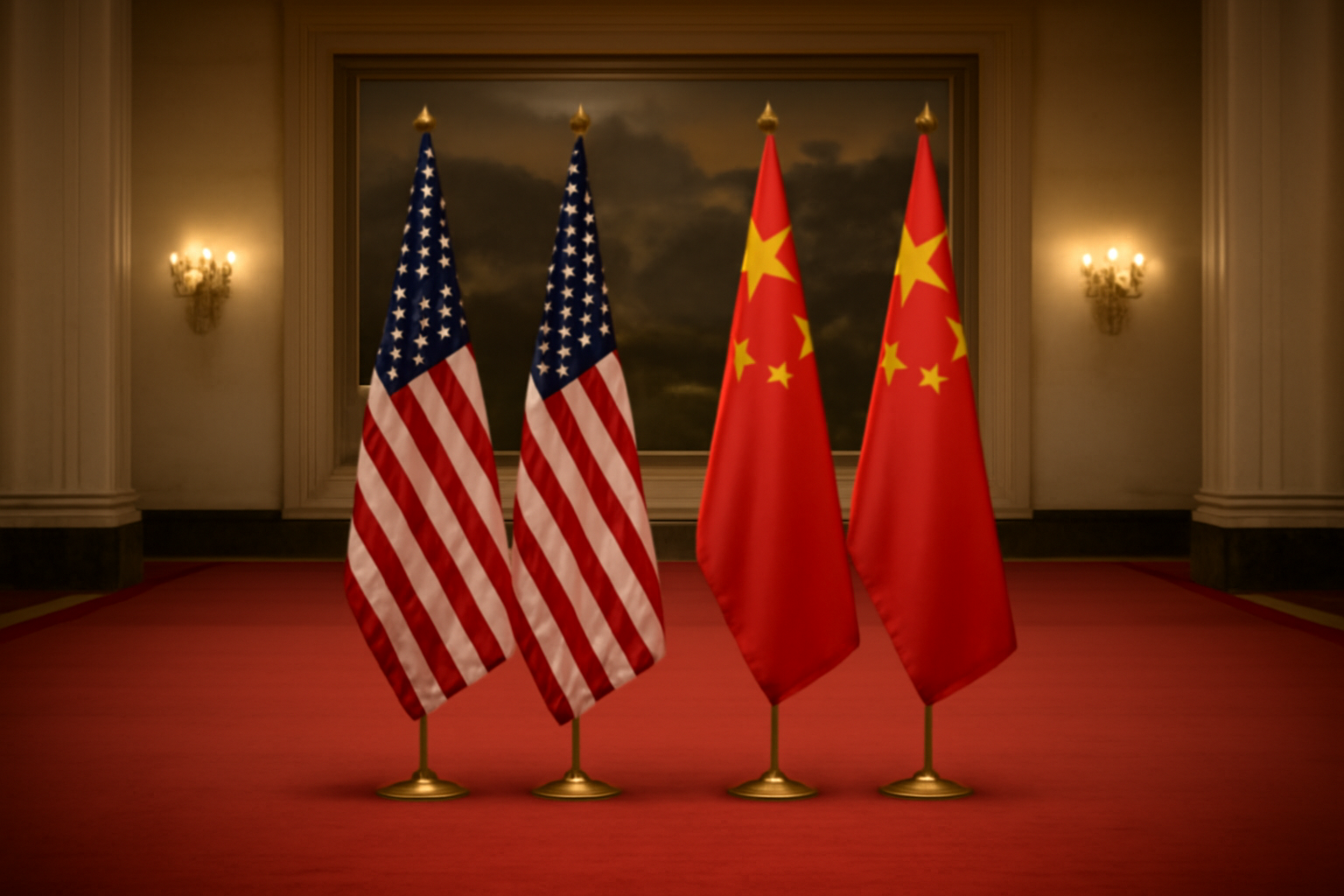 Flags of the United States and China displayed side by side during a formal diplomatic setting