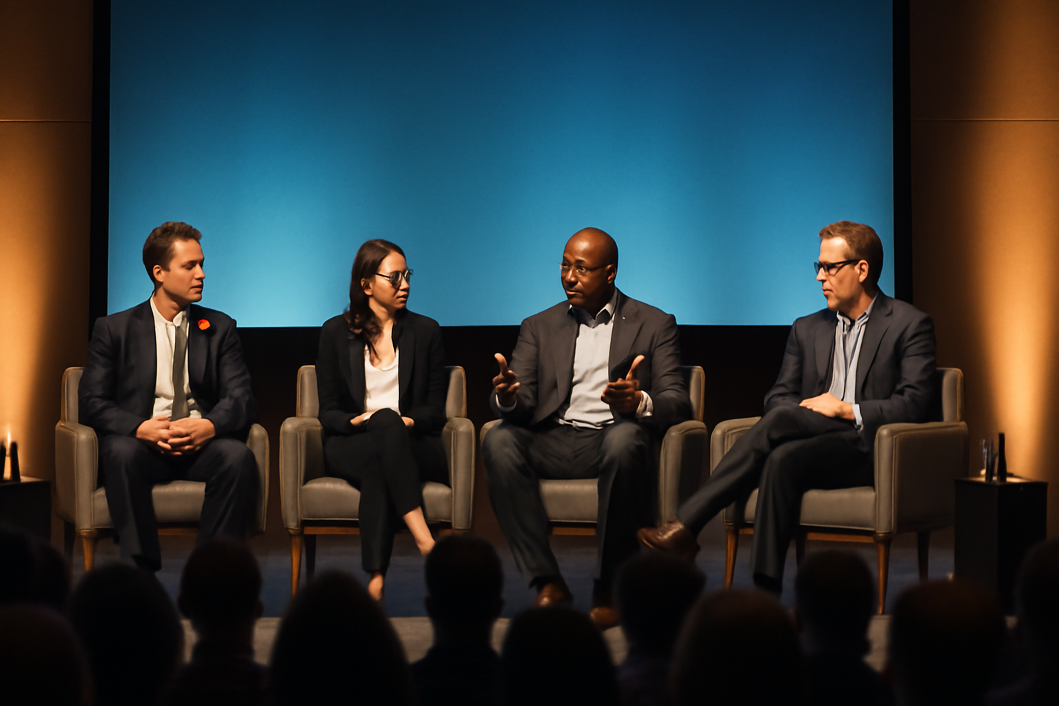 Venture capital partners seated on a conference stage panel discussing startup competition